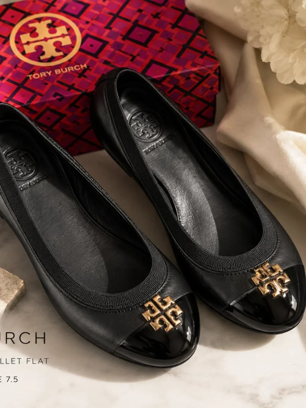 MSRP $248 | Tory Burch Jolie Cap-Toe Ballet Flats – Black – Size 7.5 – NIB